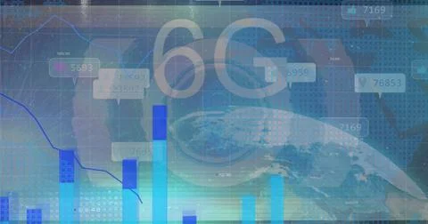 Floating semi-transparent 6G hovering over Earth in digital space, showing grid, Stock Photos