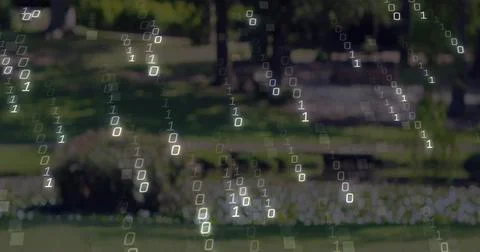 Floating semi-transparent binary digits falling over blurred public park, with Stock Illustration