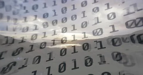 Floating semi transparent binary digits overlaying mountain valley at sunset, Foto stock