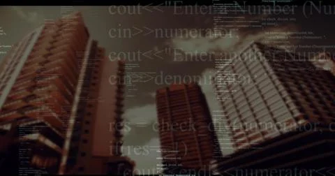 Floating semi-transparent C++ code overlay covering city skyline at dusk, with 스톡 사진