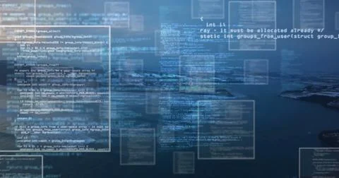 Floating semi-transparent code panels drifting over calm water with rocky Stock Photos