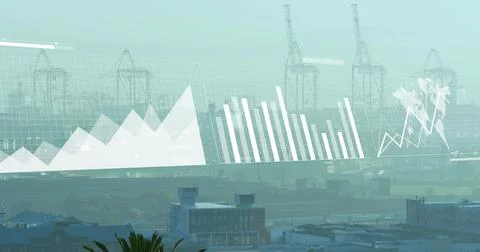 Floating semi-transparent data overlay spanning harbor rooftops, showing cranes, Stock Photos