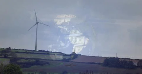 Floating semi-transparent globe of US bill motifs overlaying rolling fields, Photos