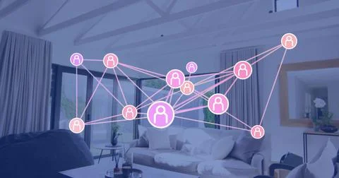Floating semi-transparent network overlay hovering above cream sofa in living Stock Photos