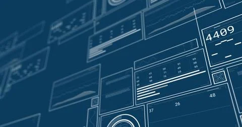 Floating semi-transparent UI panels displaying stats in dashboard, with line Stock Illustration