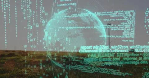 Floating semi-transparent wireframe globe hovering over grassy meadow, with Stock Photos