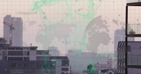 Floating semi-transparent world map and green network overlaying city skyline, Stock Photos