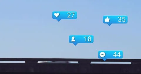 Floating set of blue notifications hovering above highway overpass, blurred Stock Photos