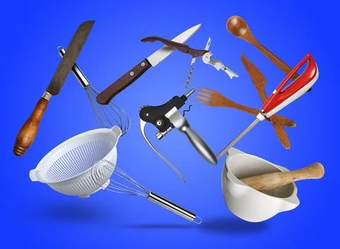 Floating Set of kitchen tools on blue gradient Stock Photos