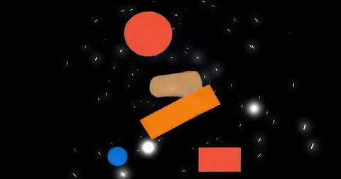 Floating shapes on black field, with red circle, oval, tilted orange rectangle イラスト素材