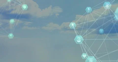 Floating sheer teal hexagonal cluster at right, showing pictogram nodes and Stock Illustration