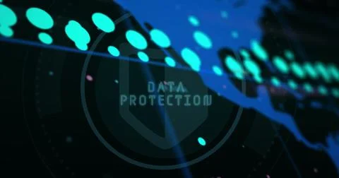 Floating shield icon and DATA PROTECTION text drifting over network interface Stock Photos