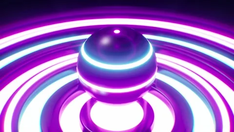 Floating Shiny Striped Sphere on the Flickering Lamps Circle Floor Video stock 265248134