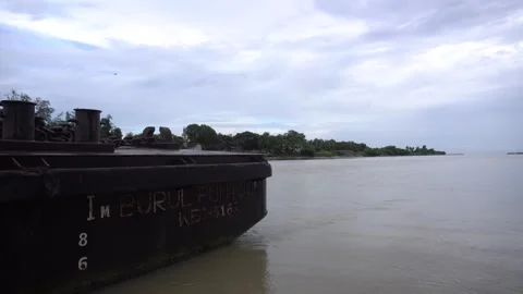 A floating ship platform stands on the river Video stock 248783578