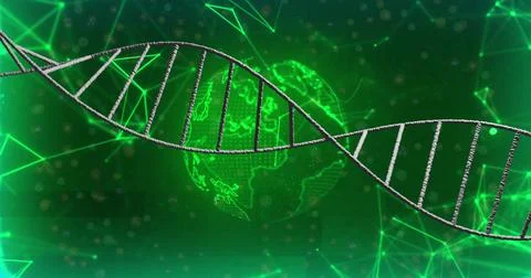 Floating silver DNA helix moving across virtual grid, with glowing Earth globe Stock Illustration