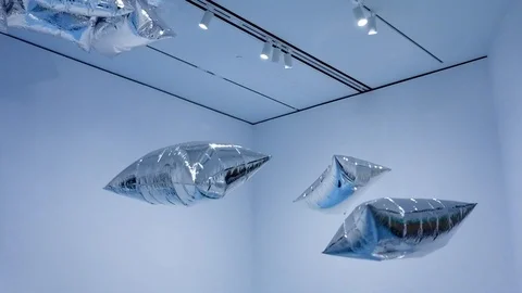 Floating Silver Pillows in MOMA San Francisco Stock Footage 116788937