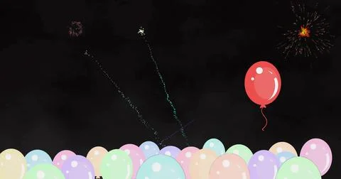 Floating single red balloon hovering over pastel band at night, fireworks Ilustração Stock
