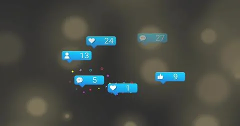 Floating six blue notification bubbles hovering on dark backdrop, showing icons, 스톡 일러스트