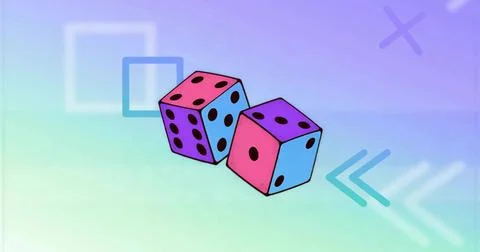 Floating six-sided dice rotating on digital gradient canvas, with square Stock Illustration