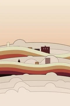Floating sky city backdrop with curved rainbow road, layered bottom clouds, and Stock Illustration