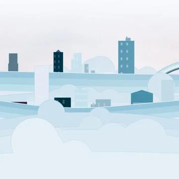 Floating sky city backdrop with soft glow sky, notched blocks, and curved rainbo Ilustração Stock