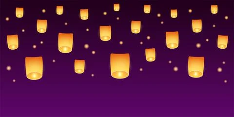 Floating sky lanterns at night Stock Illustration