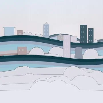 Floating skyline dream backdrop with floating mountain ridge, rounded blocks, an Stock Illustration