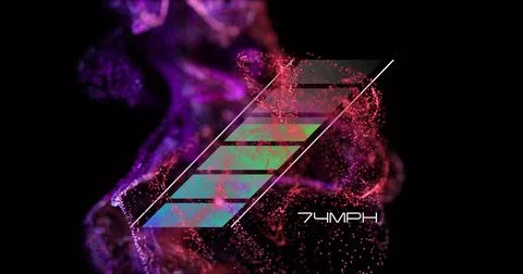 Floating slanted logo of five colored bars on black background, showing magenta Stock Photos