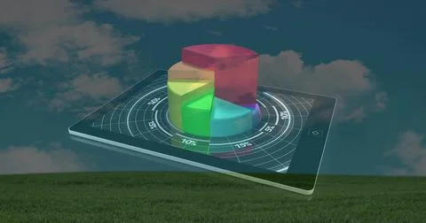 Floating slim tablet showing percent target grid above grassy field, featuring Stock Illustration