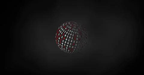 Floating small 3D sphere rotating above dark studio, with binary digits and red Stock Photos