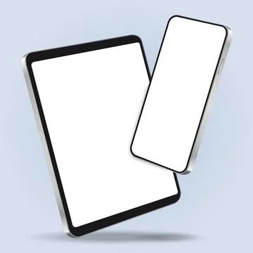 Floating Smartphone and Tablet Mockup with blank screens on a blue background Stock Illustration