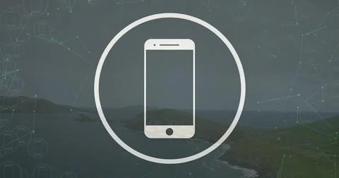 Floating smartphone icon in circular ring over coast, showing network nodes and Stock Photos
