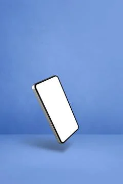 Floating smartphone isolated on blue. Vertical background Stock Illustration