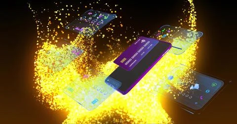 Floating smartphone showing purple virtual credit card onscreen in digital space Stock-Illustration