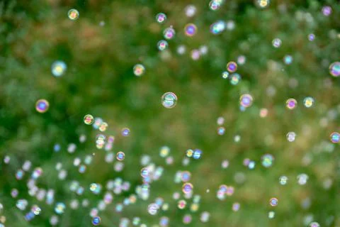 Floating soap bubbles over green bokeh. Colorful abstract background for de.. Stock Photos
