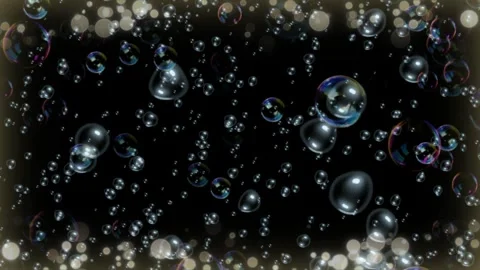 Floating soap bubbles rising against a dark black background with soft bokeh Vídeo Stock 346360564