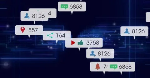 Floating social cluster on navy interface, showing rounded callouts, icons, Illustrazione stock