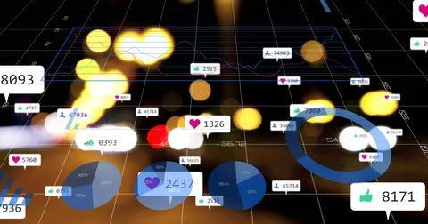 Floating social media analytics elements highlighting urban street with heart, Foto stock