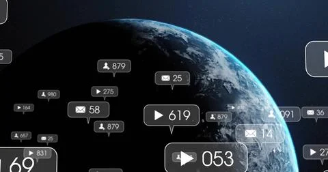Floating social media counters around curved Earth hemisphere in outer space, Stock Photos
