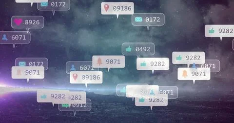 Floating social notification bubbles glowing at night beneath stars showing 스톡 사진