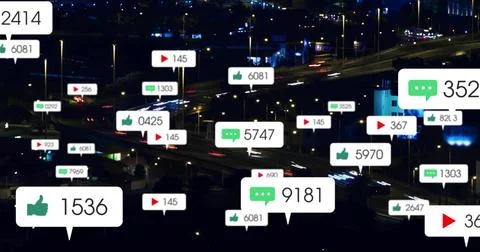 Floating social notification bubbles hovering above urban interchange at night, Ilustración de archivo