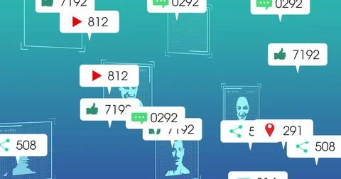 Floating social profile wireframes showing notifications across teal-blue 写真素材