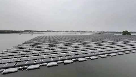 Floating Solar panel arrays over wetland water in rural Taiwan. Stock Footage 266235594