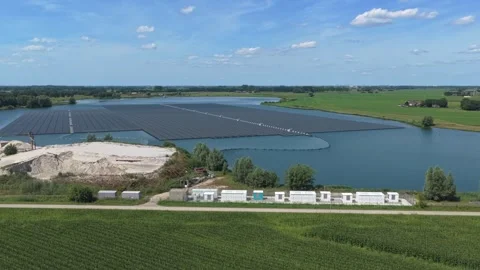 Floating solar panels and energy storage system in the netherlands Stock Footage 341874444