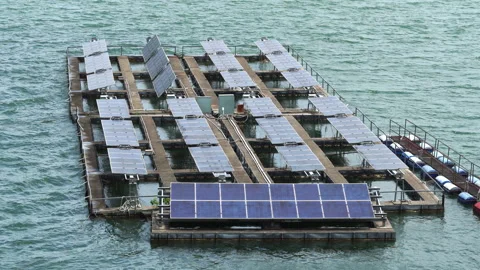 Floating solar panels installation generating clean green energy on water surfac Stock-Footage 340188070