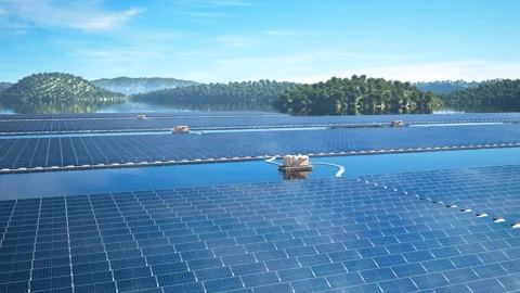 Floating Solar Panels on Serene Water with Scenic Hills Stock Footage 288977843