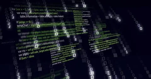 Floating source-code columns streaming binary 1 and 0 over translucent vertical Stock Illustration