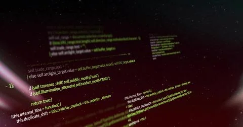 Floating source code panels drifting through 3D space, with green-yellow syntax Stock Illustration