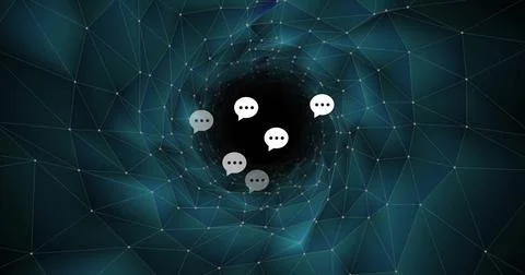 Floating speech bubble icons circling in network tunnel, showing mesh nodes and Stock Photos