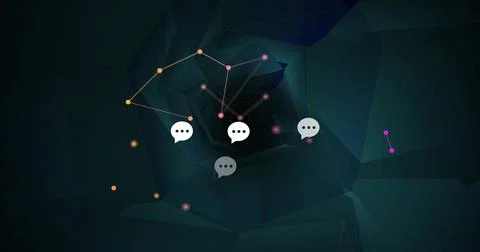 Floating speech bubble icons hovering in network tunnel, with colored nodes and イラスト素材